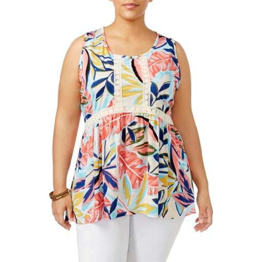 NY Collection Plus Size Printed Crochet-Trim Top, Size 1X, Retail $49.00
